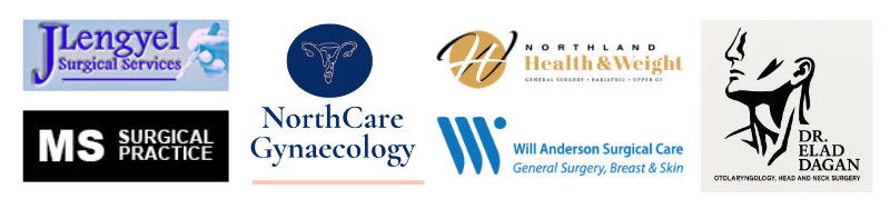 Logos from Local specialists: J Lengyel Surgical Services, MS Surgical Practice, NorthCare Gynaecology, Northland health and Weight, Will Anderson Surgical Carem and Dr Elad Dagan